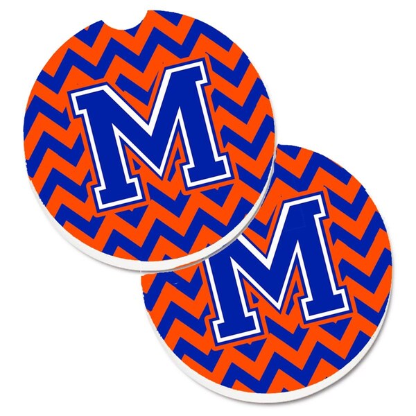 Carolines Treasures Letter M Chevron Orange and Blue Set of 2 Cup Holder Car Coaster CJ1044-MCARC - main